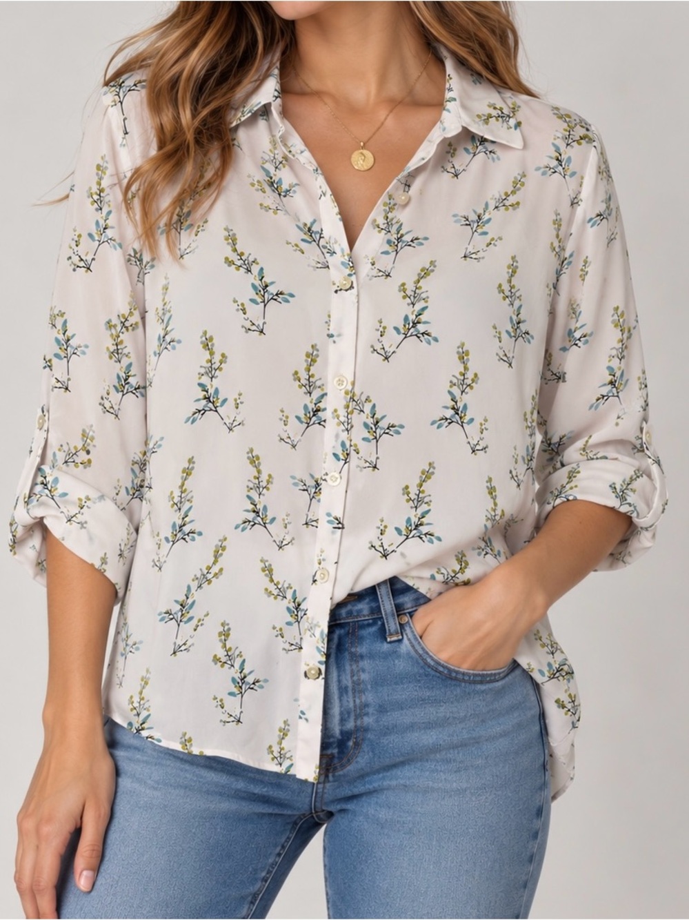 LOFT Floral Branch Print Button-Down Collared Blouse (Size XSP)